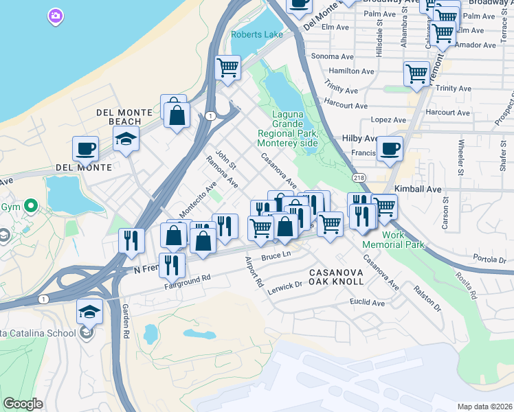 map of restaurants, bars, coffee shops, grocery stores, and more near 2 Ramona Avenue in Monterey
