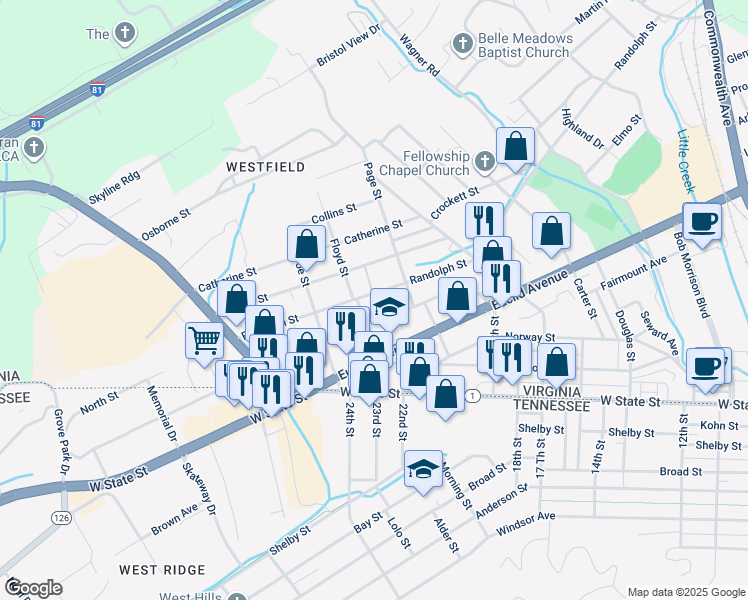 map of restaurants, bars, coffee shops, grocery stores, and more near 2099-2085 Lawrence Ave in Bristol