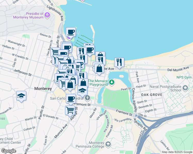 map of restaurants, bars, coffee shops, grocery stores, and more near 600 East Franklin Street in Monterey