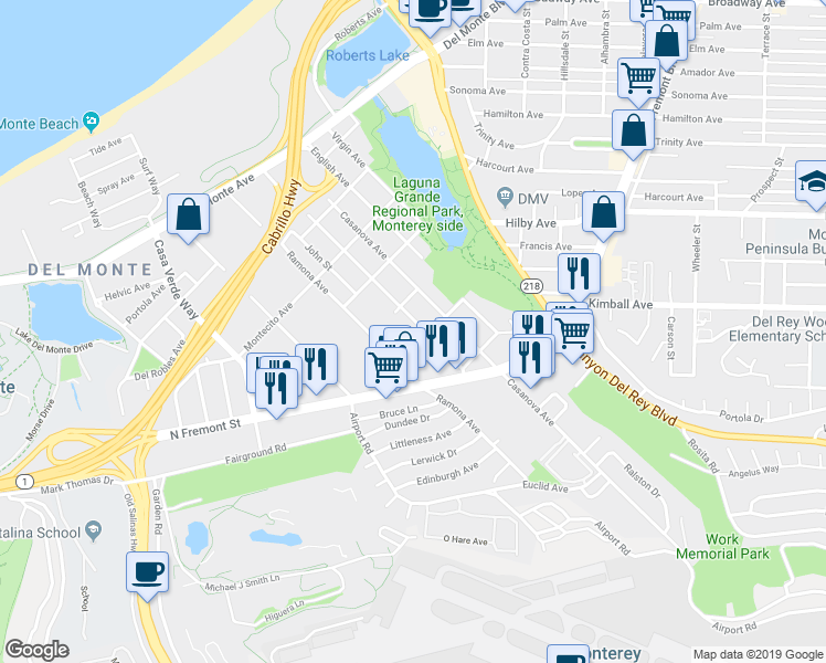 map of restaurants, bars, coffee shops, grocery stores, and more near 520 Hannon Avenue in Monterey