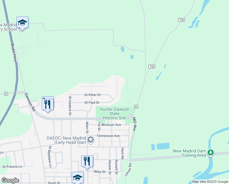 map of restaurants, bars, coffee shops, grocery stores, and more near 351 Saint Paul Drive in New Madrid