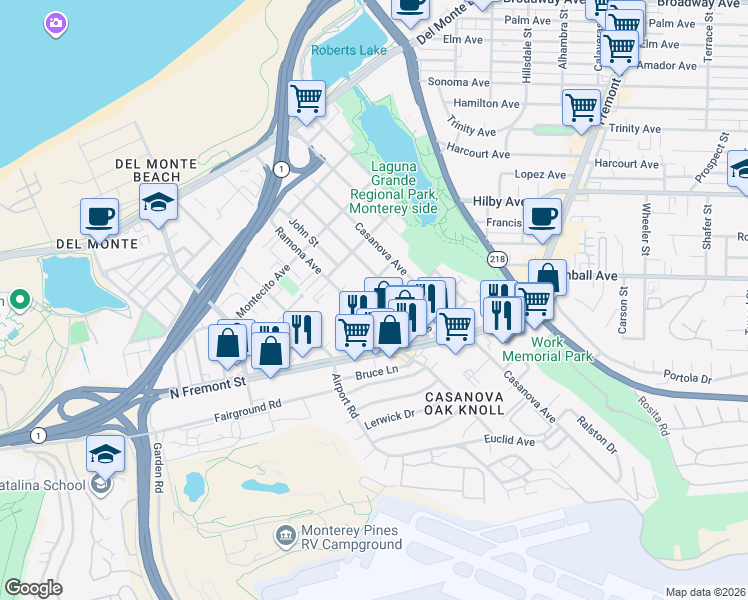 map of restaurants, bars, coffee shops, grocery stores, and more near 515 Ramona Court in Monterey