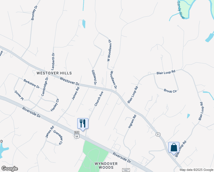 map of restaurants, bars, coffee shops, grocery stores, and more near 2418 Westover Drive in Danville