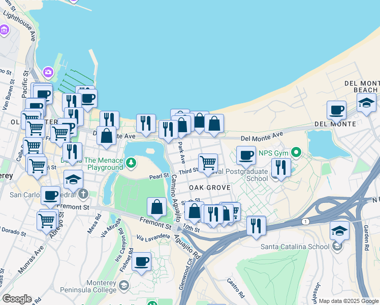 map of restaurants, bars, coffee shops, grocery stores, and more near 1142 First Street in Monterey