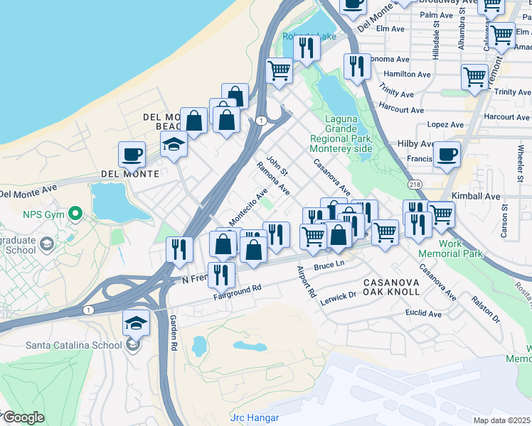map of restaurants, bars, coffee shops, grocery stores, and more near 421 Dela Vina Avenue in Monterey