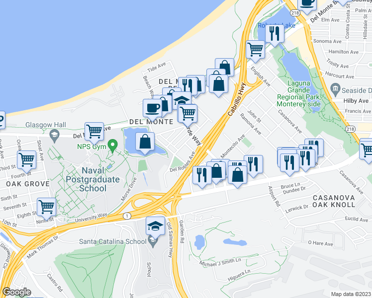 map of restaurants, bars, coffee shops, grocery stores, and more near 306 Del Robles Avenue in Monterey