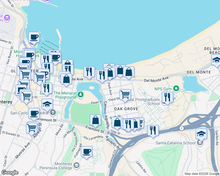 map of restaurants, bars, coffee shops, grocery stores, and more near Park Avenue & First Street in Monterey