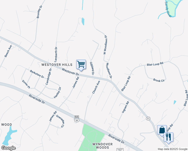 map of restaurants, bars, coffee shops, grocery stores, and more near 2518 Westover Drive in Danville