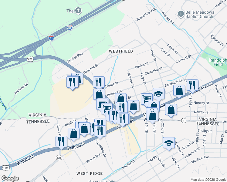 map of restaurants, bars, coffee shops, grocery stores, and more near 2418-2480 Bradley St in Bristol