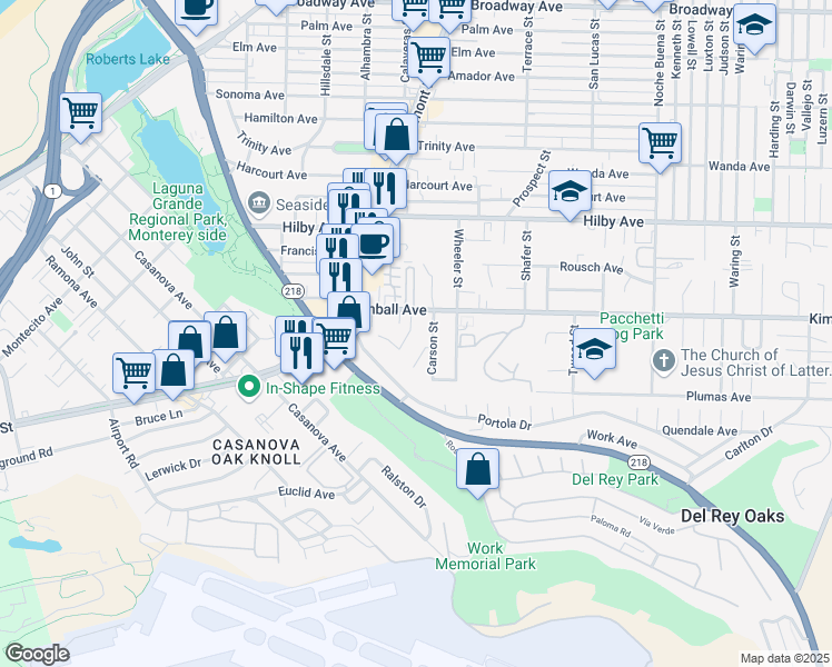 map of restaurants, bars, coffee shops, grocery stores, and more near 1074 Lorenzo Court in Seaside