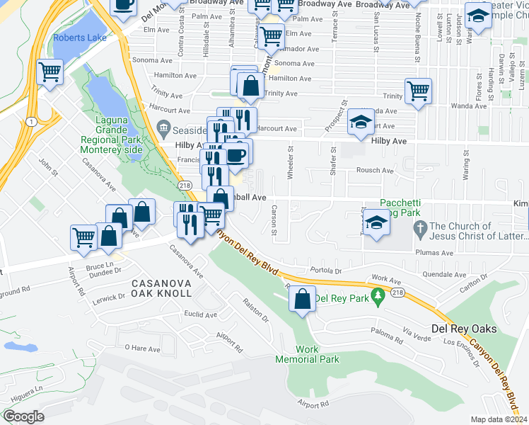 map of restaurants, bars, coffee shops, grocery stores, and more near 1074 Lorenzo Court in Seaside