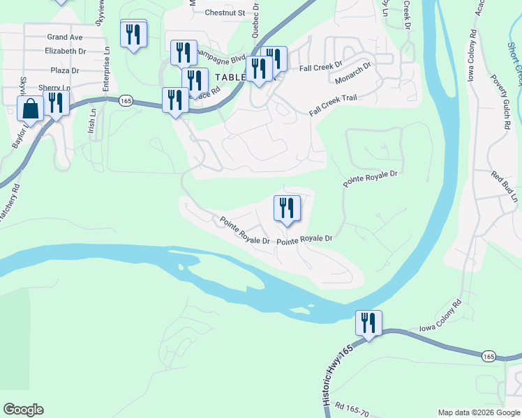 map of restaurants, bars, coffee shops, grocery stores, and more near 186 Bunker Ridge Drive in Branson
