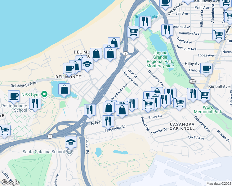 map of restaurants, bars, coffee shops, grocery stores, and more near 127 Montecito Avenue in Monterey