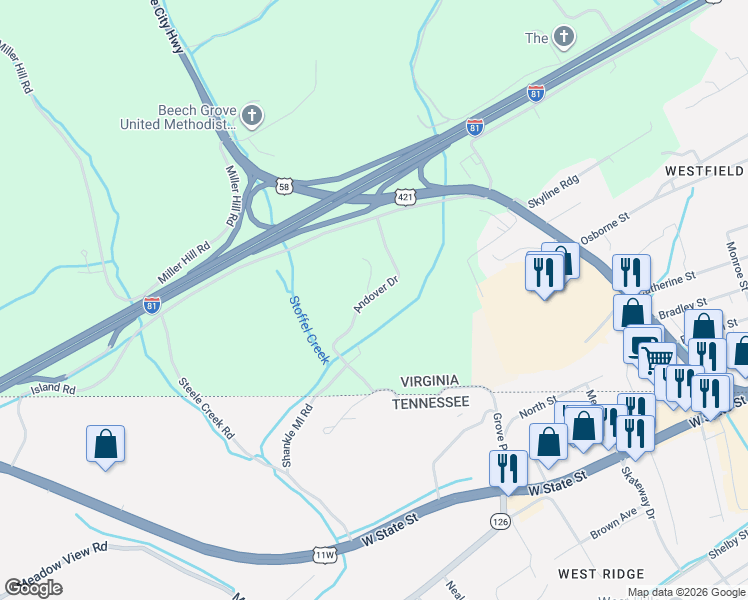 map of restaurants, bars, coffee shops, grocery stores, and more near 153 Andover Drive in Bristol