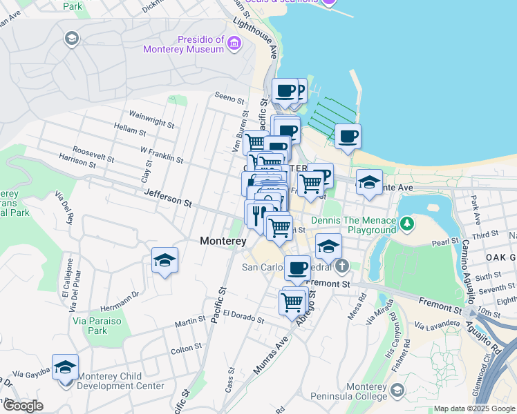 map of restaurants, bars, coffee shops, grocery stores, and more near Calle Principal in Monterey