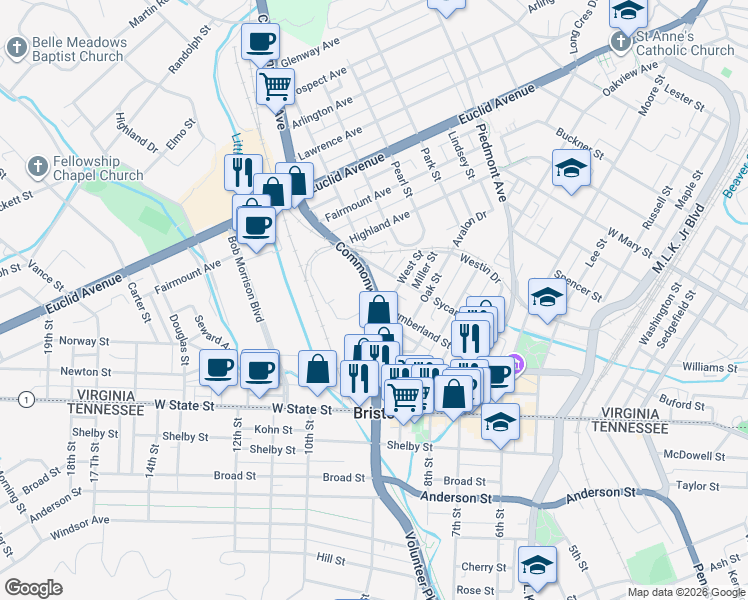 map of restaurants, bars, coffee shops, grocery stores, and more near 88 Commonwealth Avenue in Bristol