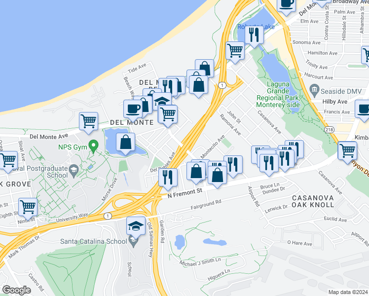 map of restaurants, bars, coffee shops, grocery stores, and more near 349 Del Robles Avenue in Monterey