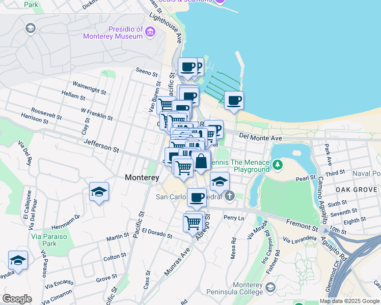 map of restaurants, bars, coffee shops, grocery stores, and more near 456 Washington Street in Monterey