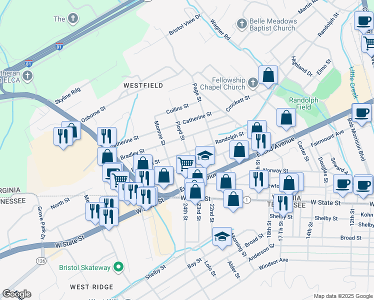 map of restaurants, bars, coffee shops, grocery stores, and more near 2300-2308 Randolph St in Bristol