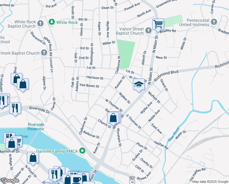 map of restaurants, bars, coffee shops, grocery stores, and more near 817 Clay Street in Danville
