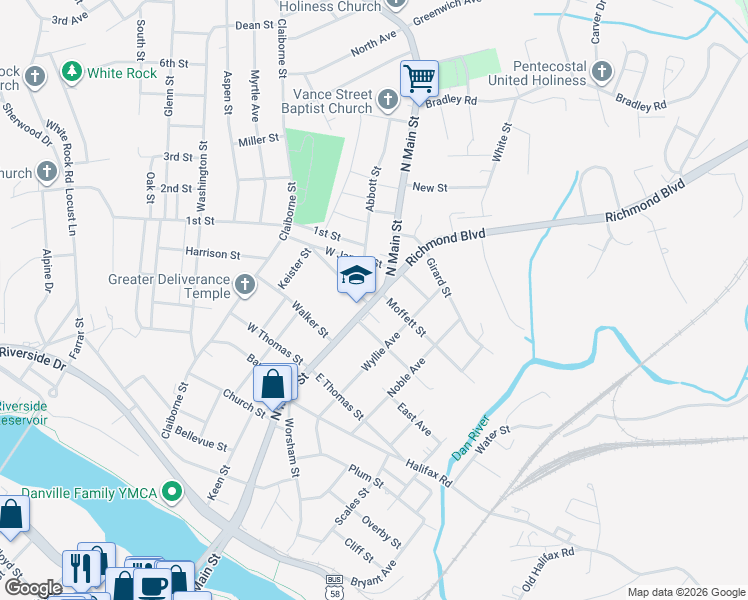 map of restaurants, bars, coffee shops, grocery stores, and more near 1005 North Main Street in Danville