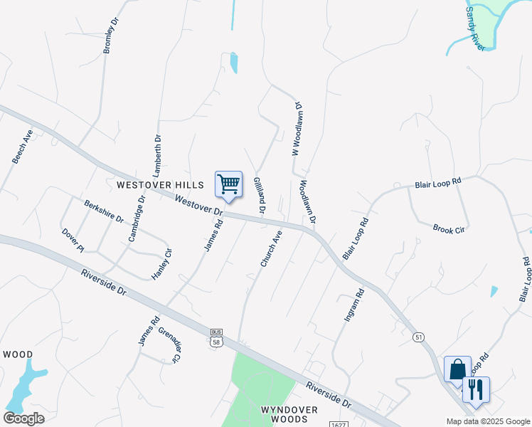 map of restaurants, bars, coffee shops, grocery stores, and more near 2518 Westover Drive in Danville