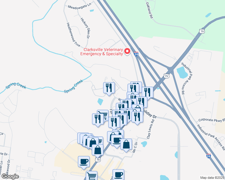 map of restaurants, bars, coffee shops, grocery stores, and more near 155 Bethlehem Drive in Clarksville