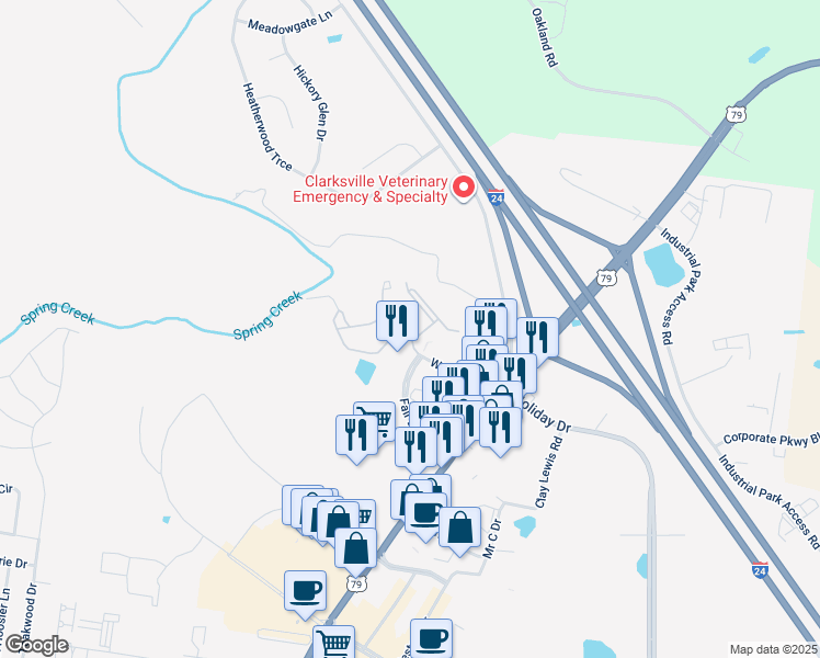 map of restaurants, bars, coffee shops, grocery stores, and more near 155 Bethlehem Drive in Clarksville