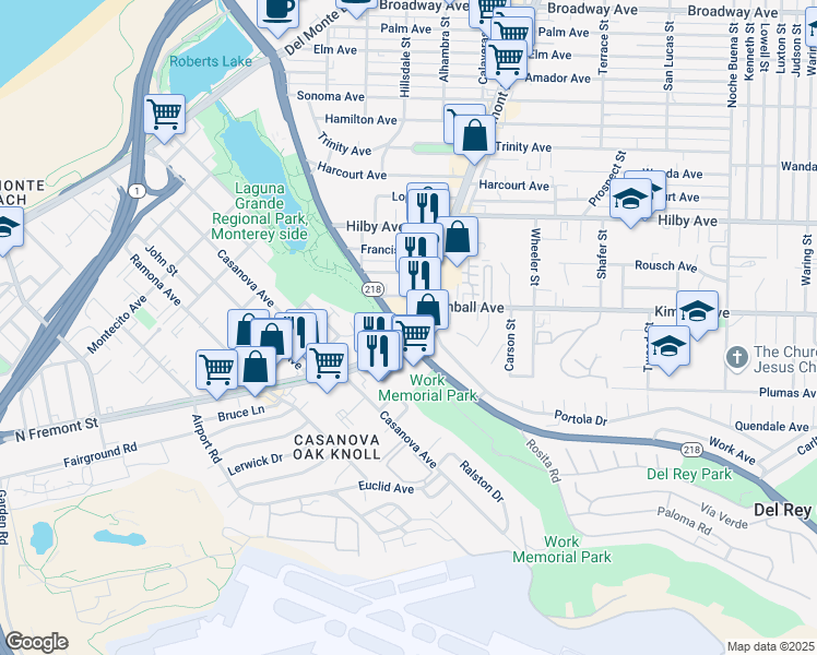 map of restaurants, bars, coffee shops, grocery stores, and more near Fremont Boulevard & Portola Drive in Del Rey Oaks