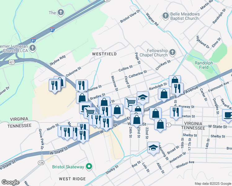 map of restaurants, bars, coffee shops, grocery stores, and more near 301-399 Wagner St in Bristol
