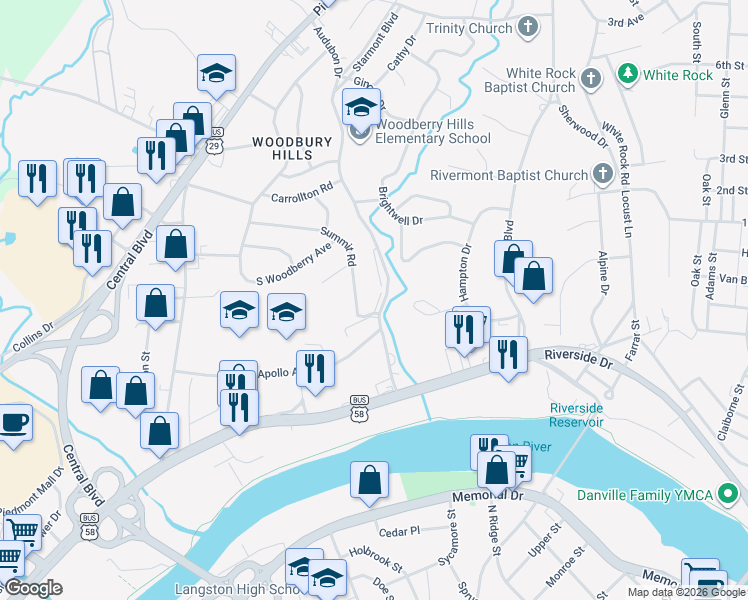 map of restaurants, bars, coffee shops, grocery stores, and more near 333 Audubon Drive in Danville