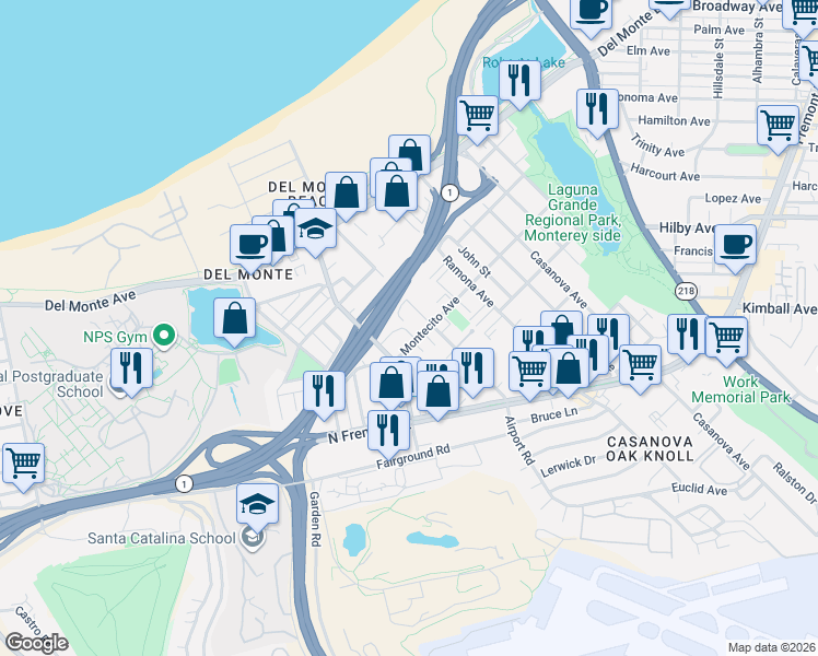 map of restaurants, bars, coffee shops, grocery stores, and more near 115 Montecito Avenue in Monterey