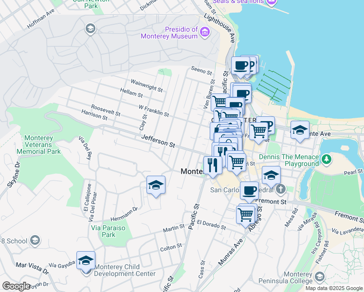 map of restaurants, bars, coffee shops, grocery stores, and more near 580 Jefferson Street in Monterey