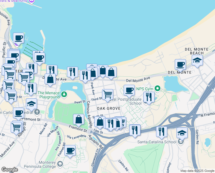 map of restaurants, bars, coffee shops, grocery stores, and more near 1250 Second Street in Monterey