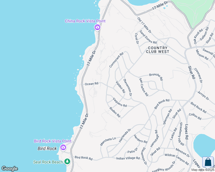 map of restaurants, bars, coffee shops, grocery stores, and more near Cormorant Road & Ocean Road in Del Monte Forest