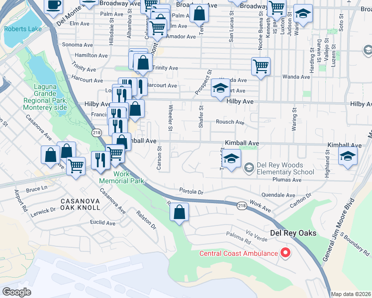 map of restaurants, bars, coffee shops, grocery stores, and more near 1051 Olympic Lane in Seaside