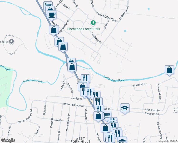 map of restaurants, bars, coffee shops, grocery stores, and more near Old Mill Road in Clarksville