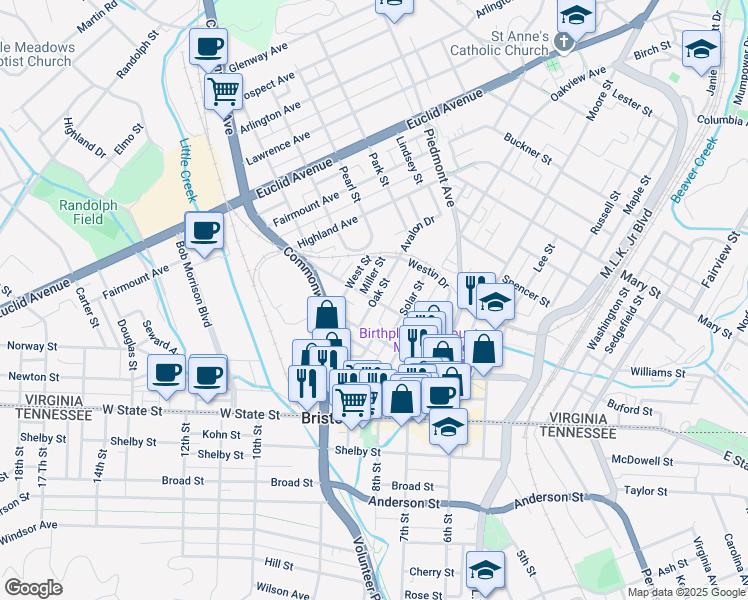 map of restaurants, bars, coffee shops, grocery stores, and more near Sycamore Street in Bristol