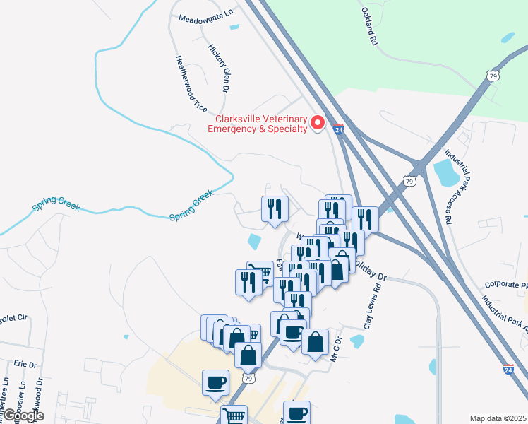 map of restaurants, bars, coffee shops, grocery stores, and more near 155 Bethlehem Drive in Clarksville