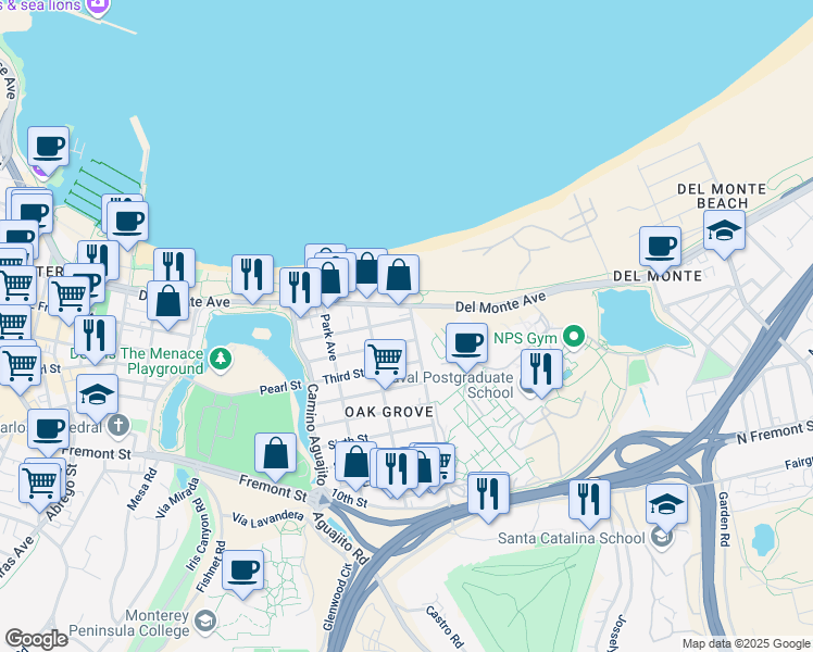 map of restaurants, bars, coffee shops, grocery stores, and more near 1250 Second Street in Monterey