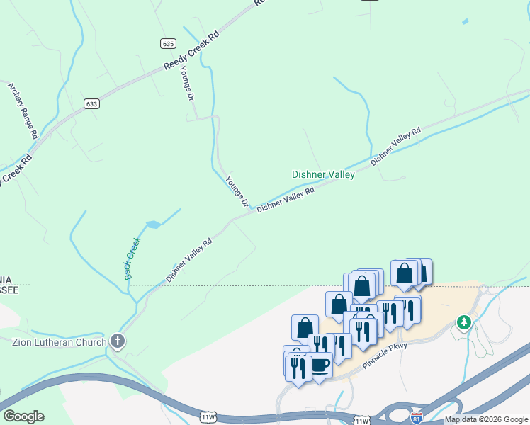 map of restaurants, bars, coffee shops, grocery stores, and more near 4488 Dishner Valley Road in Bristol