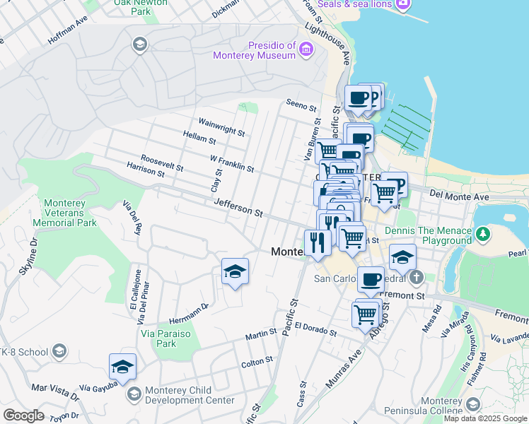 map of restaurants, bars, coffee shops, grocery stores, and more near 498 Larkin Street in Monterey