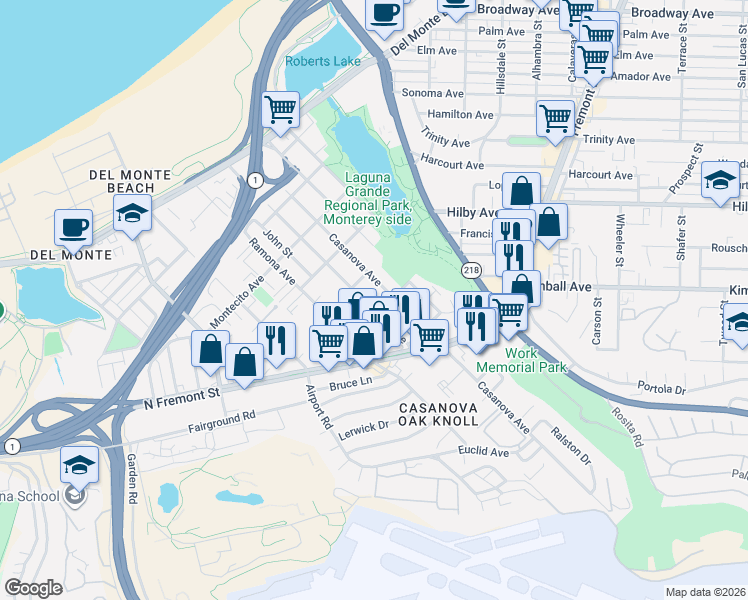 map of restaurants, bars, coffee shops, grocery stores, and more near 521 Hannon Avenue in Monterey
