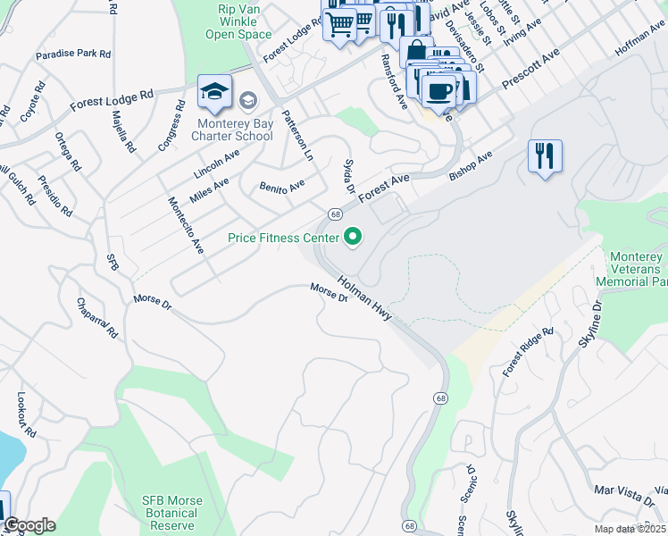 map of restaurants, bars, coffee shops, grocery stores, and more near 842 Holman Highway in Pacific Grove