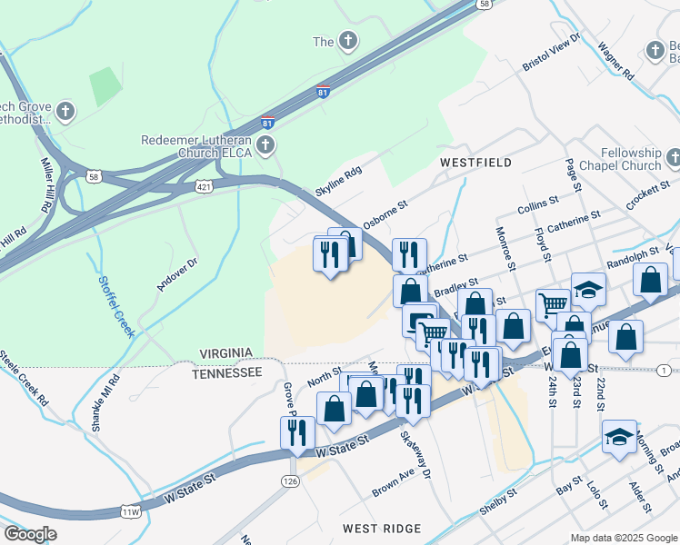 map of restaurants, bars, coffee shops, grocery stores, and more near 18 Veda Drive in Bristol