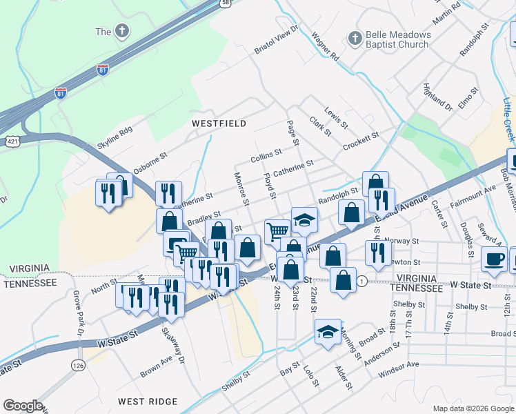 map of restaurants, bars, coffee shops, grocery stores, and more near 2301-2399 Bradley St in Bristol
