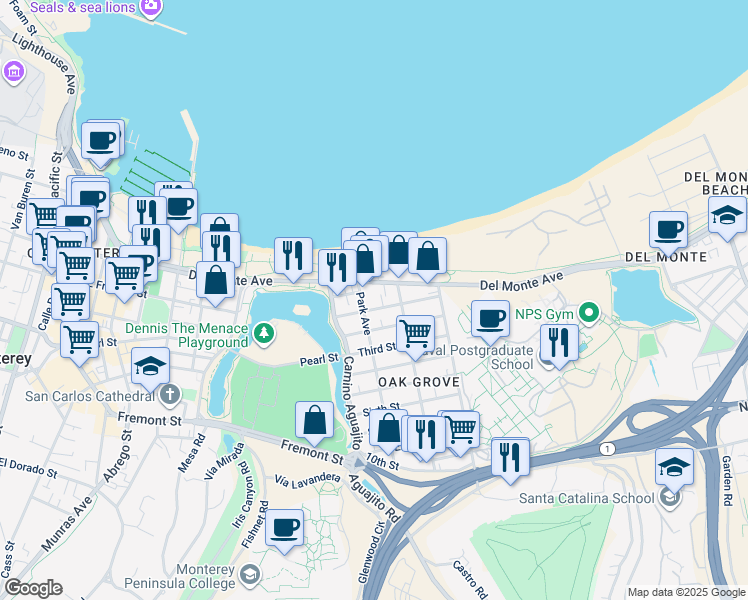 map of restaurants, bars, coffee shops, grocery stores, and more near 1129 1st Street in Monterey