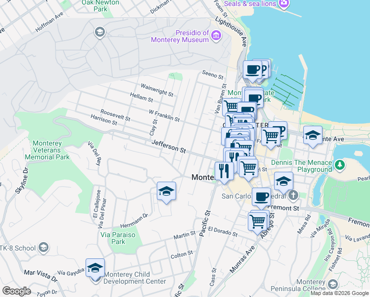 map of restaurants, bars, coffee shops, grocery stores, and more near 640 Jefferson Street in Monterey