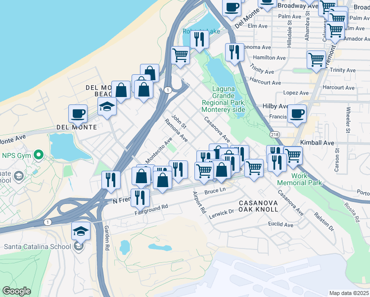map of restaurants, bars, coffee shops, grocery stores, and more near 412 Ramona Avenue in Monterey