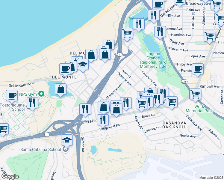 map of restaurants, bars, coffee shops, grocery stores, and more near 342 Dela Vina Avenue in Monterey